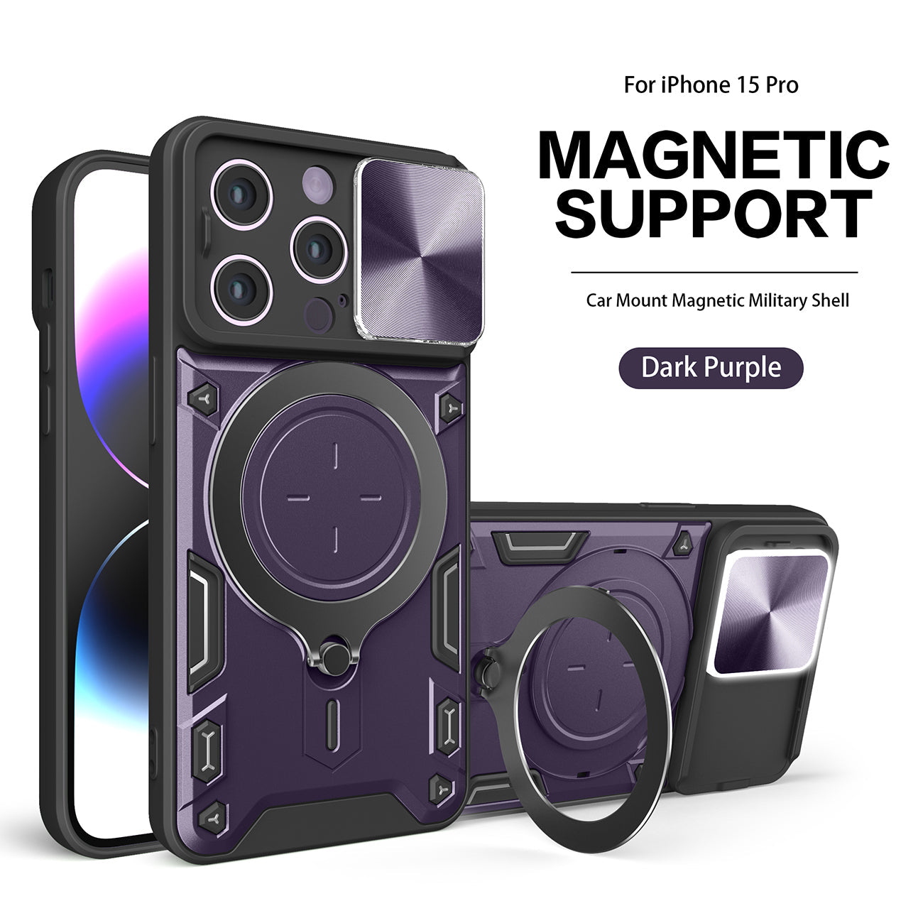 Tpu Pc Shockproof Magnetic Phone Case With Free Adjustment Ring Holder For Iphone 15 Pro In Purple