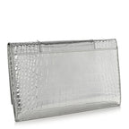 Metallic Calfskin Crocodile Embossed Hourglass Flap Flat Pouch Silver