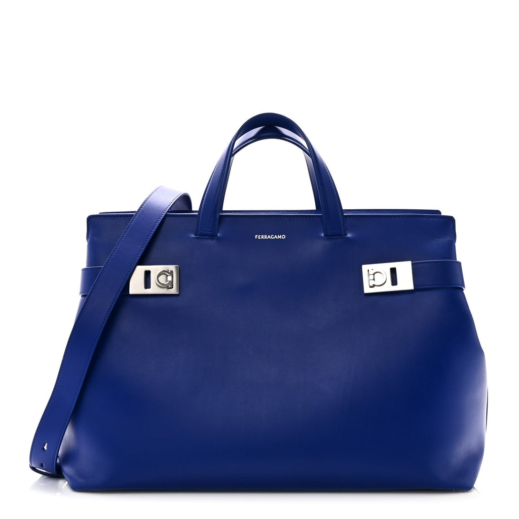 Calfskin Calfskin XL Gancini Buckles Tote Bag Blue