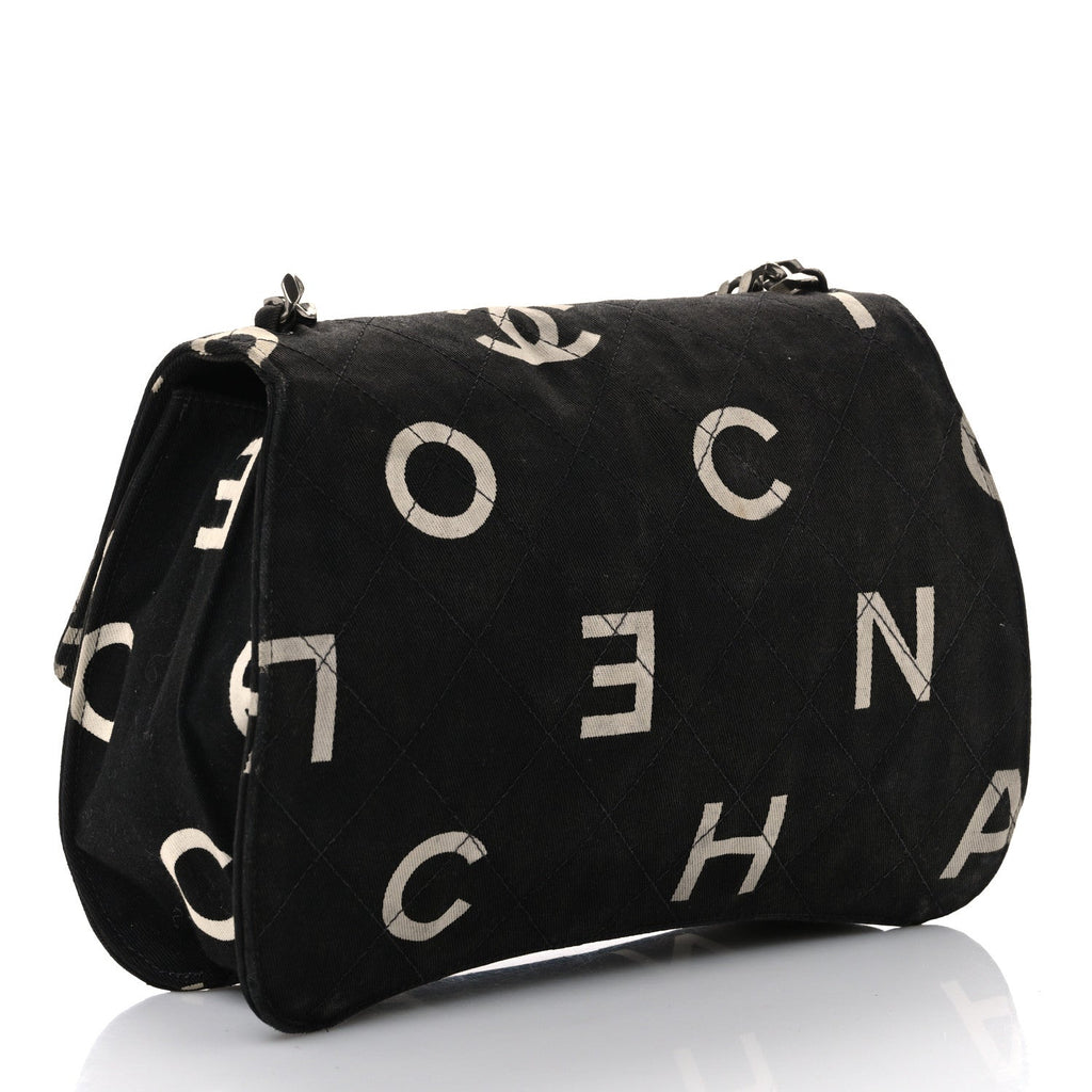 Canvas Quilted Letter Printed Flap Black