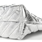 Metallic Crushed Calfskin Quilted Medium Crush Carry All Tote Bag Silver