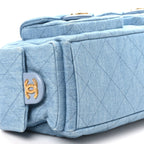 Washed Denim Quilted Large Trendy Pockets Hobo Blue