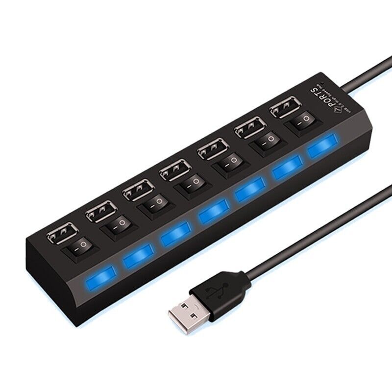 7 Port USB 2.0 Hub Splitter Adapter High Speed For PC Laptop Mac Desktop