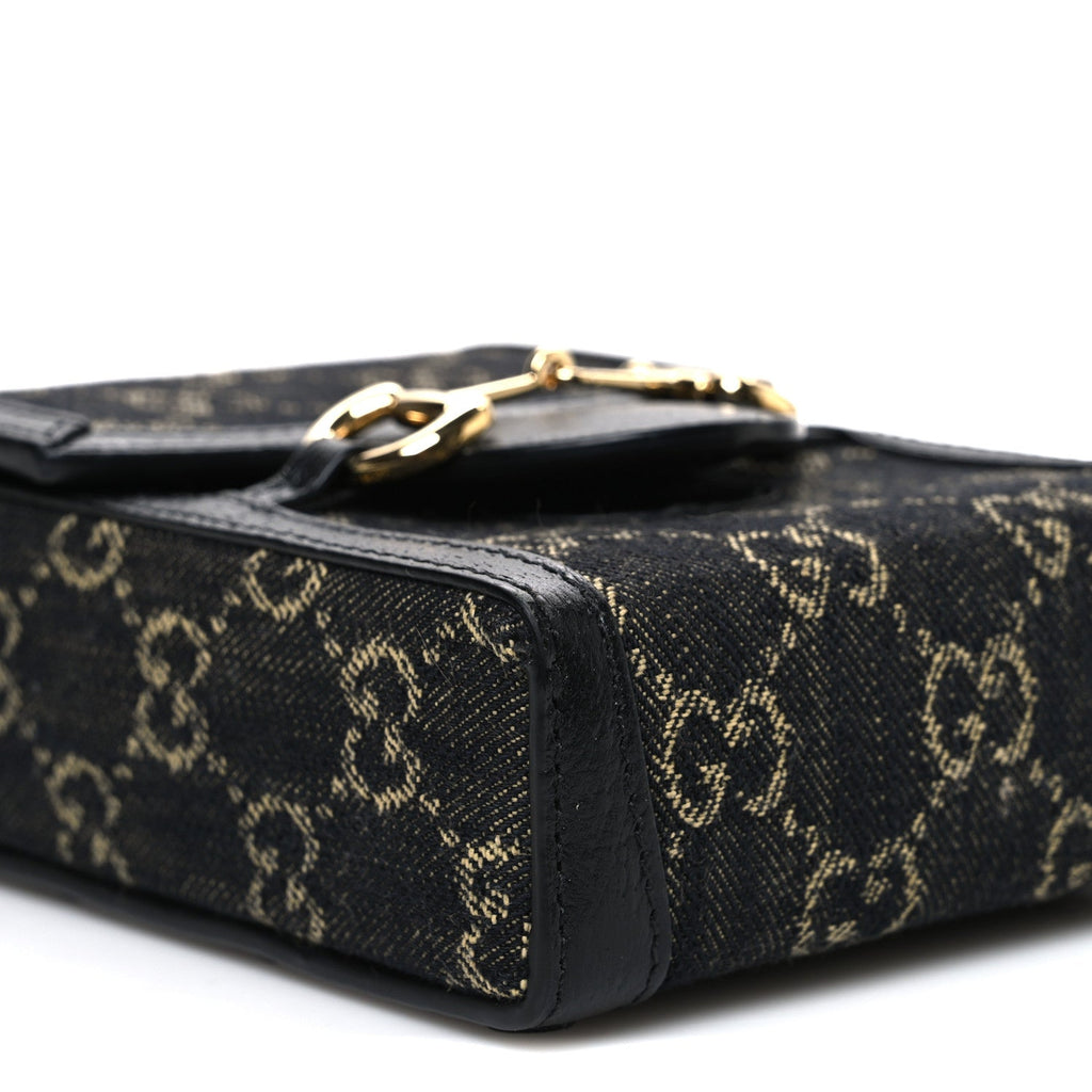 Jacquard Black Denim GG Monogram Textured Dollar Calfskin Mini Horsebit 1955 Crossbody Bag Black Ivory