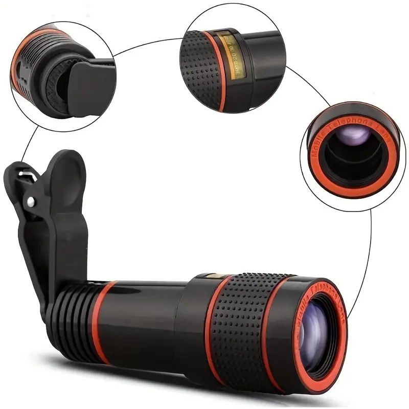 Mobile Phone Attachment Lens, Mobile Zoom Lens, Mobile Camera and Accessories, 8X, 12X, 20X, Smartphone and Tablet Long Focus Telephoto with Clip, Black