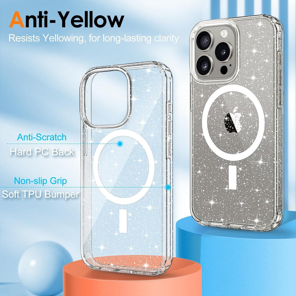 Entronix [Magnetic] Case Compatible with iPhone 16 Pro - [Hard Back] Glitter Clear
