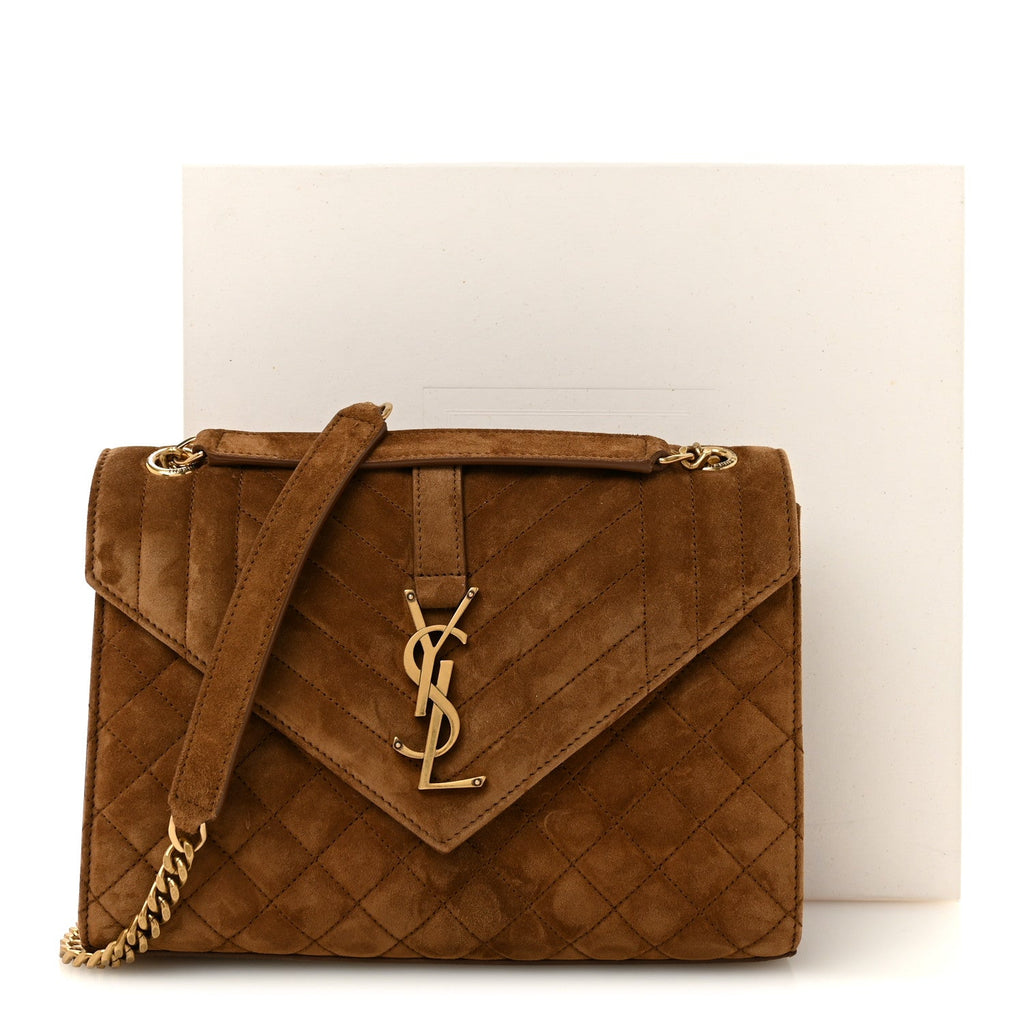 Suede Mixed Matelasse Triquilt Medium Monogram Envelope Satchel Bark Brown
