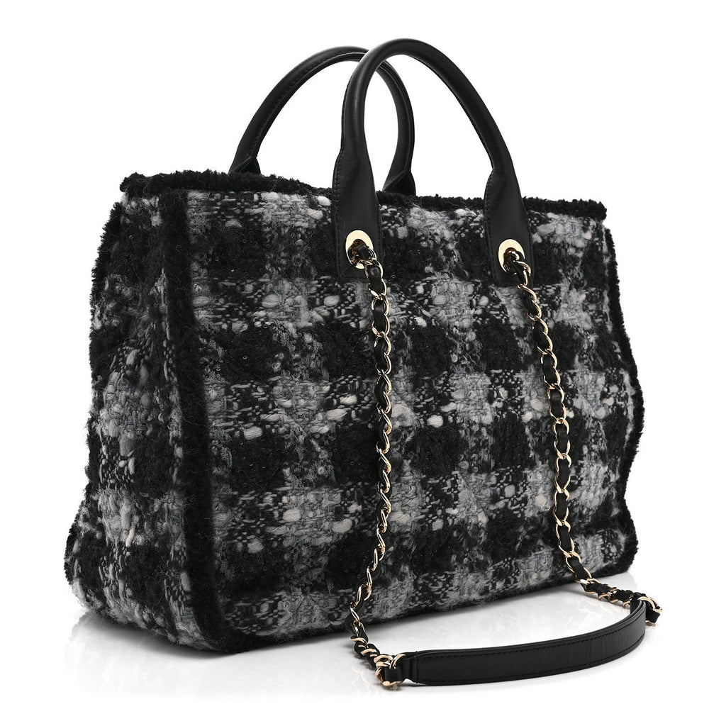 Tweed Shearling Quilted Lambskin Shopping Tote  Black Grey