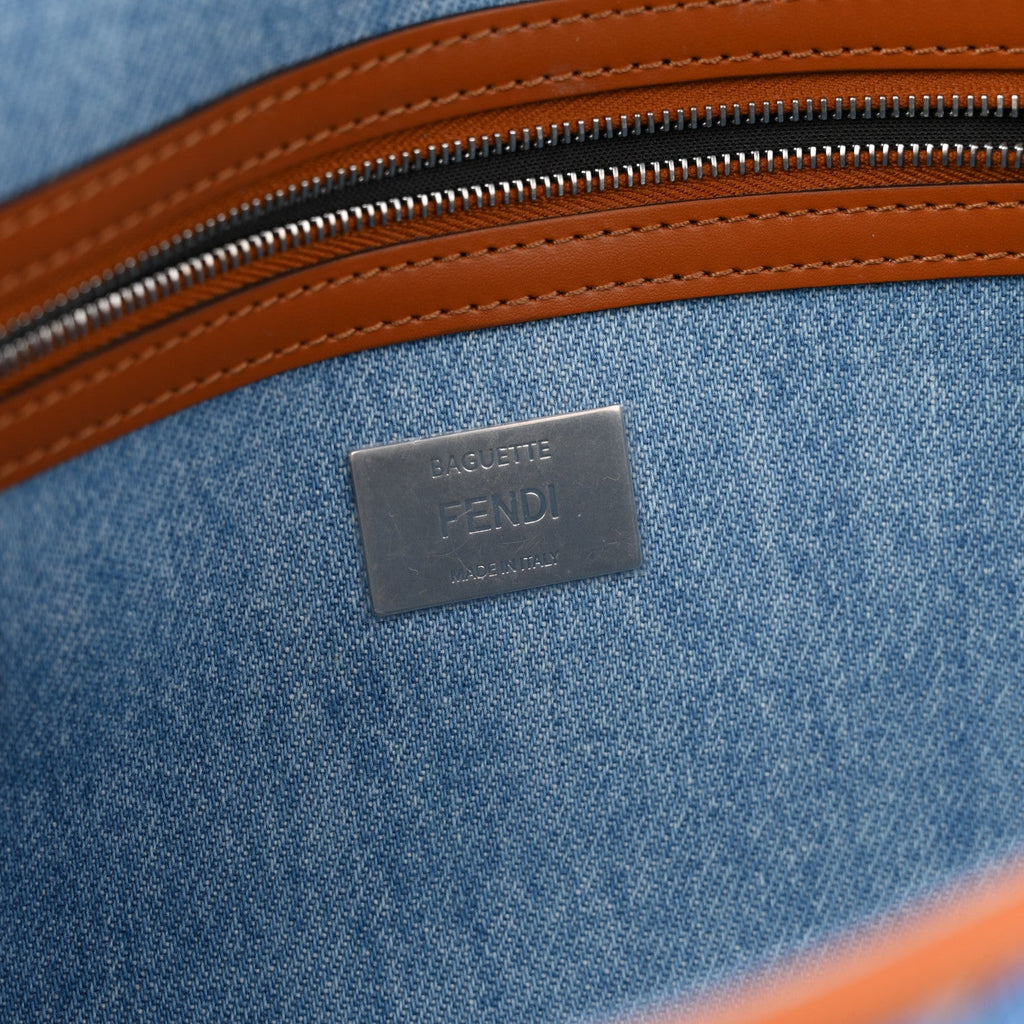 Denim Vitello King FF Embroidered Baguette Denim Chiaro Brandy