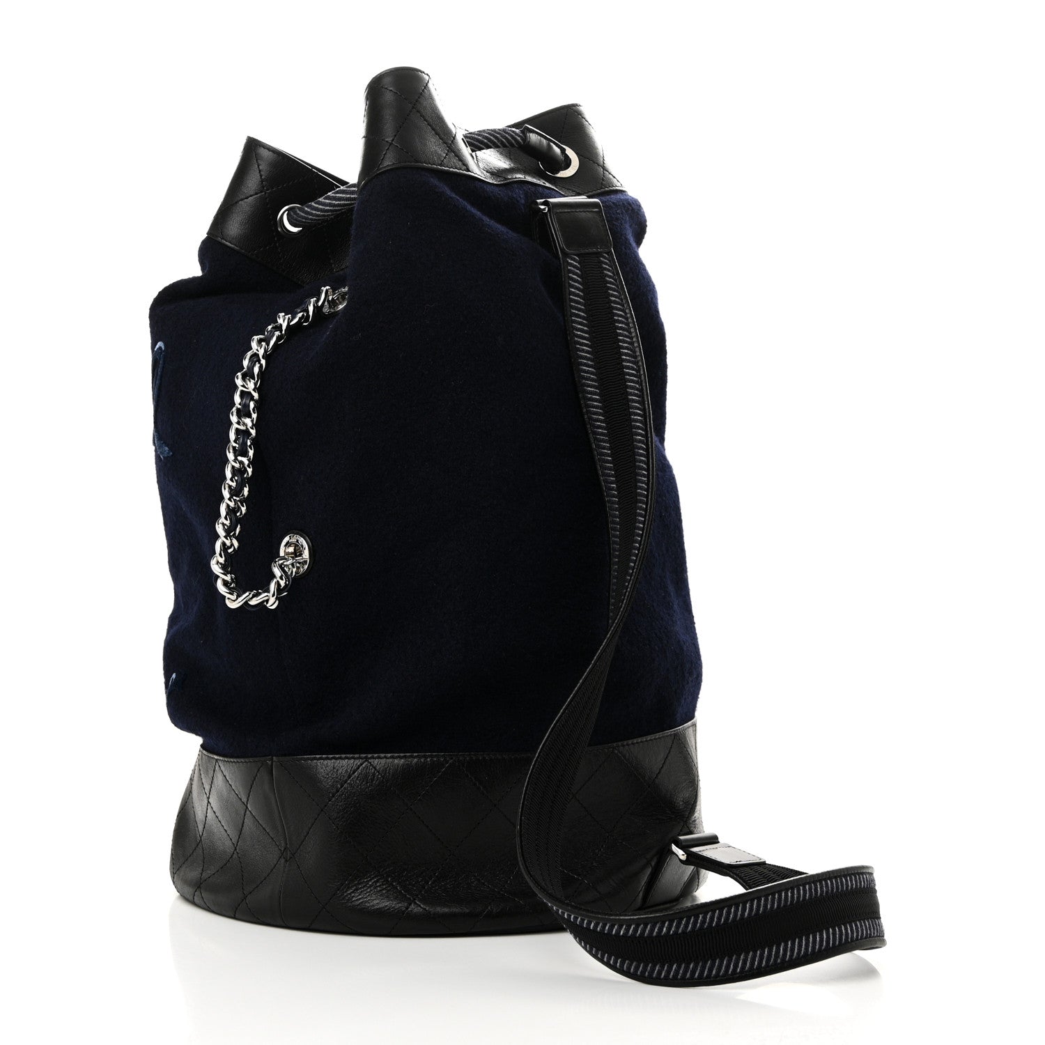 Wool Calfskin Embroidered Paris Hamburg Drawstring Backpack Navy Blue
