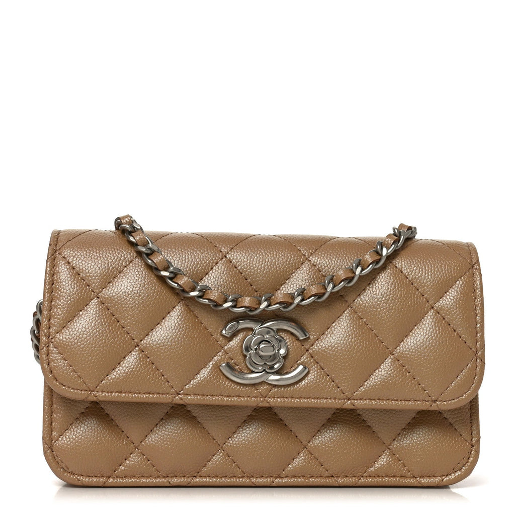 Iridescent Caviar Quilted Camellia Phone Holder With Chain Beige