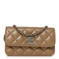 Iridescent Caviar Quilted Camellia Phone Holder With Chain Beige