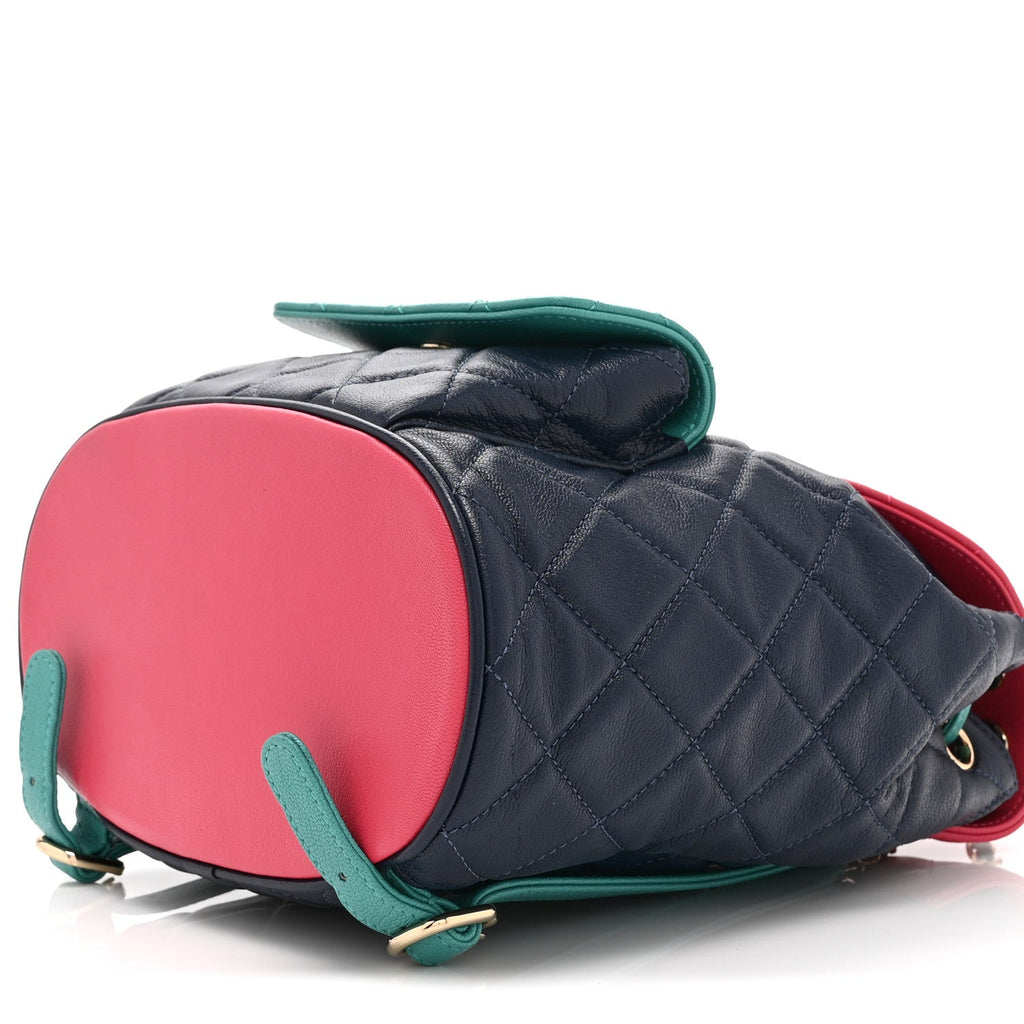Goatskin Quilted Duma Drawstring Backpack Navy Turquoise Pink