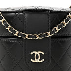 Lambskin Quilted Mini Round Vanity Case With Chain Black