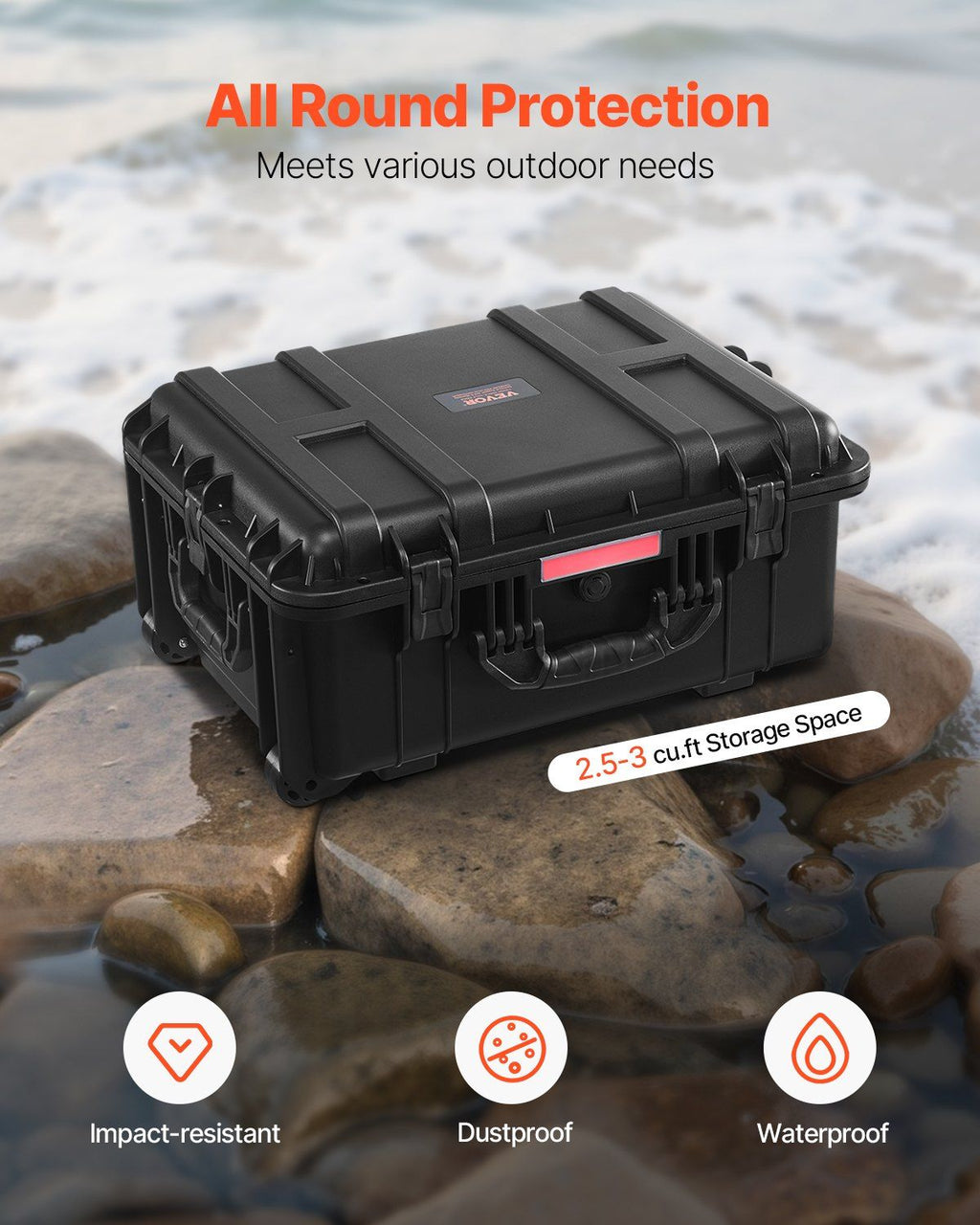 Weatherproof Hard Case, Heavy Duty Protective Dry Box Case with Pre-Cut Foam, Wheels & Retractable Pull Handles for Travel, Hunt, Military, Tactical, IP67 Waterproof Case for Cameras(57x45x28)