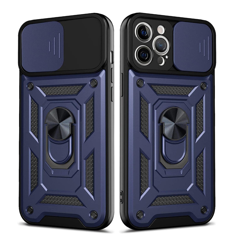 Kickstand Ring Holder With Slide Camera Cover Tpu Shockproof Case And Magnetic Car Mount For Apple Iphone 12 Pro Max In Blue