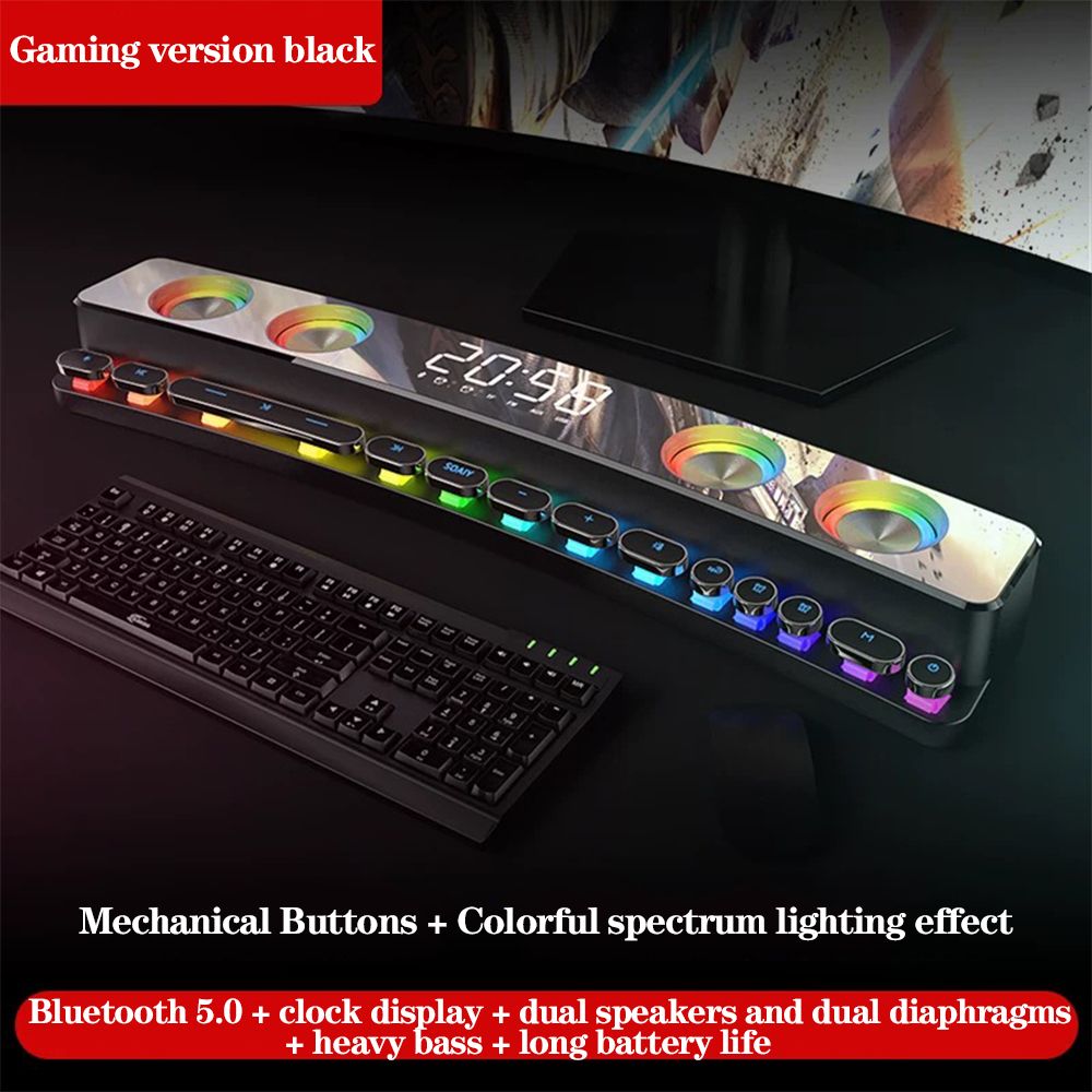 3600mAh Bluetooth Wireless Game Speaker soundbar USB 3D Stereo Subwoofer AUX FM Home Clock Indoor Sound Bar Computer Loudspeaker - Black Basic