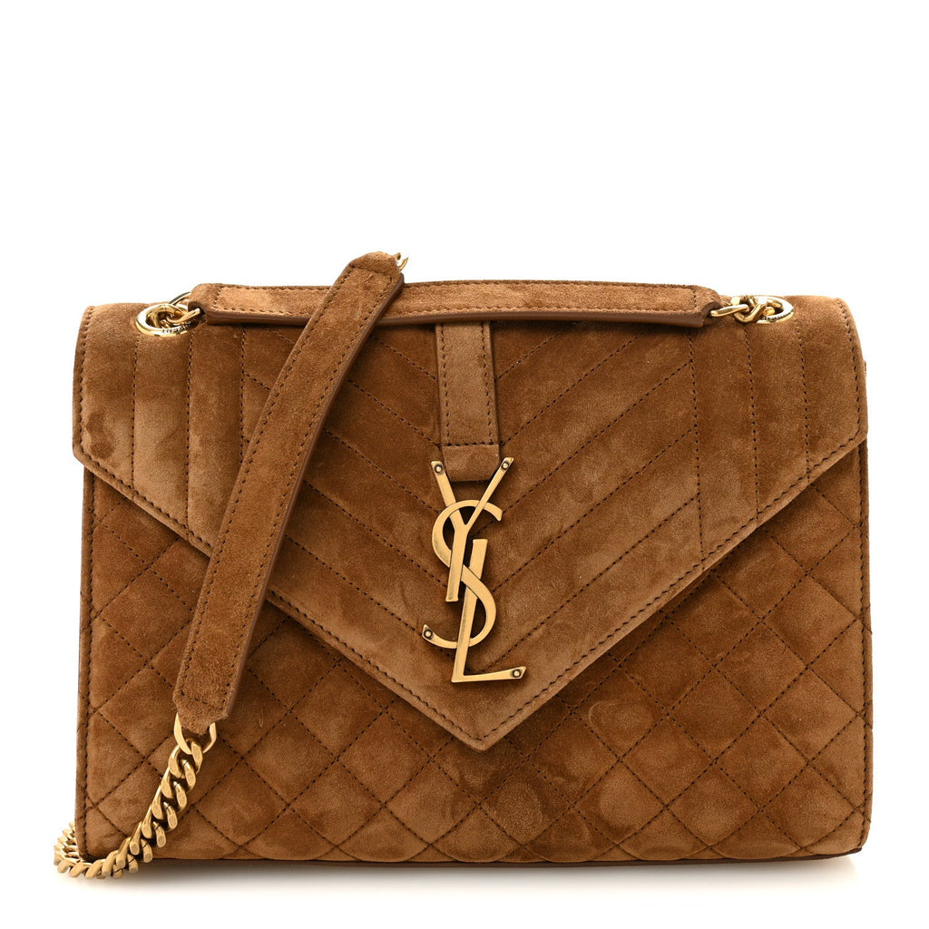 Suede Mixed Matelasse Triquilt Medium Monogram Envelope Satchel Bark Brown