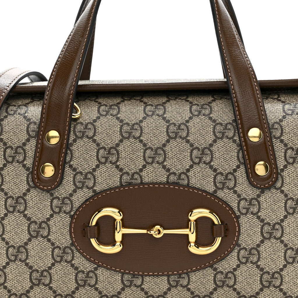 GG Supreme Monogram Azalea Calfskin Mini Horsebit 1955 Foldover Top Handle Bag Beige Ebony Brown Sugar