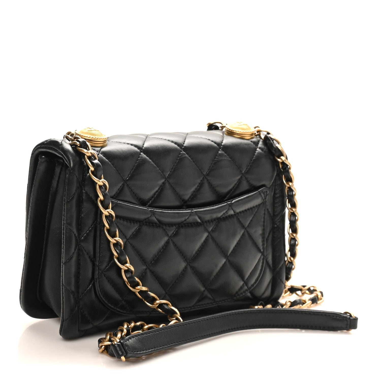 Shiny Lambskin Flap Clutch With Chain Black