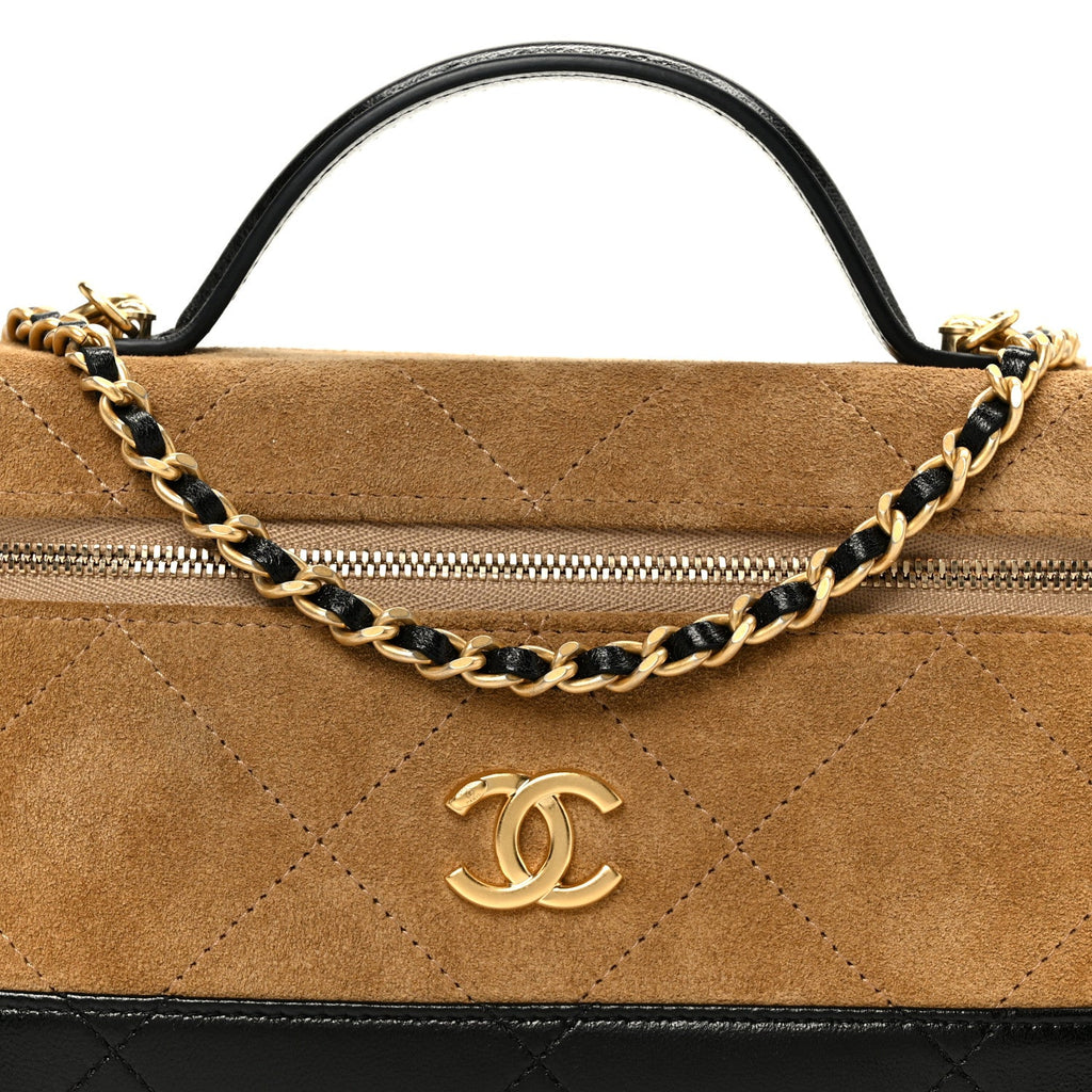 Suede Calfskin Shiny Lambskin Stitched Top Handle Slim Vanity With Chain Beige Black