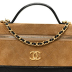 Suede Calfskin Shiny Lambskin Stitched Top Handle Slim Vanity With Chain Beige Black