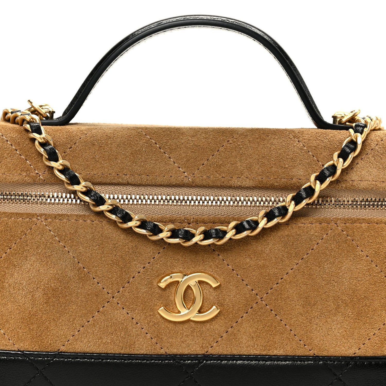 Suede Calfskin Shiny Lambskin Stitched Top Handle Slim Vanity With Chain Beige Black