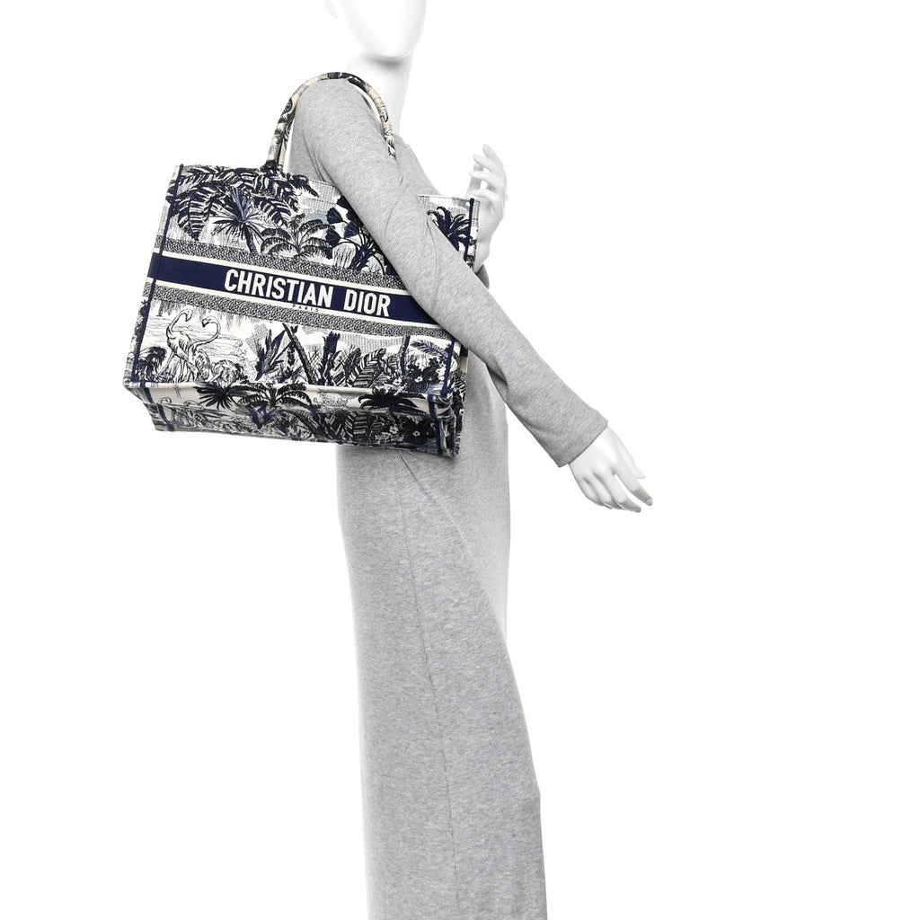 Canvas Embroidered Large Palm Tree Toile De Jouy Book Tote Blue