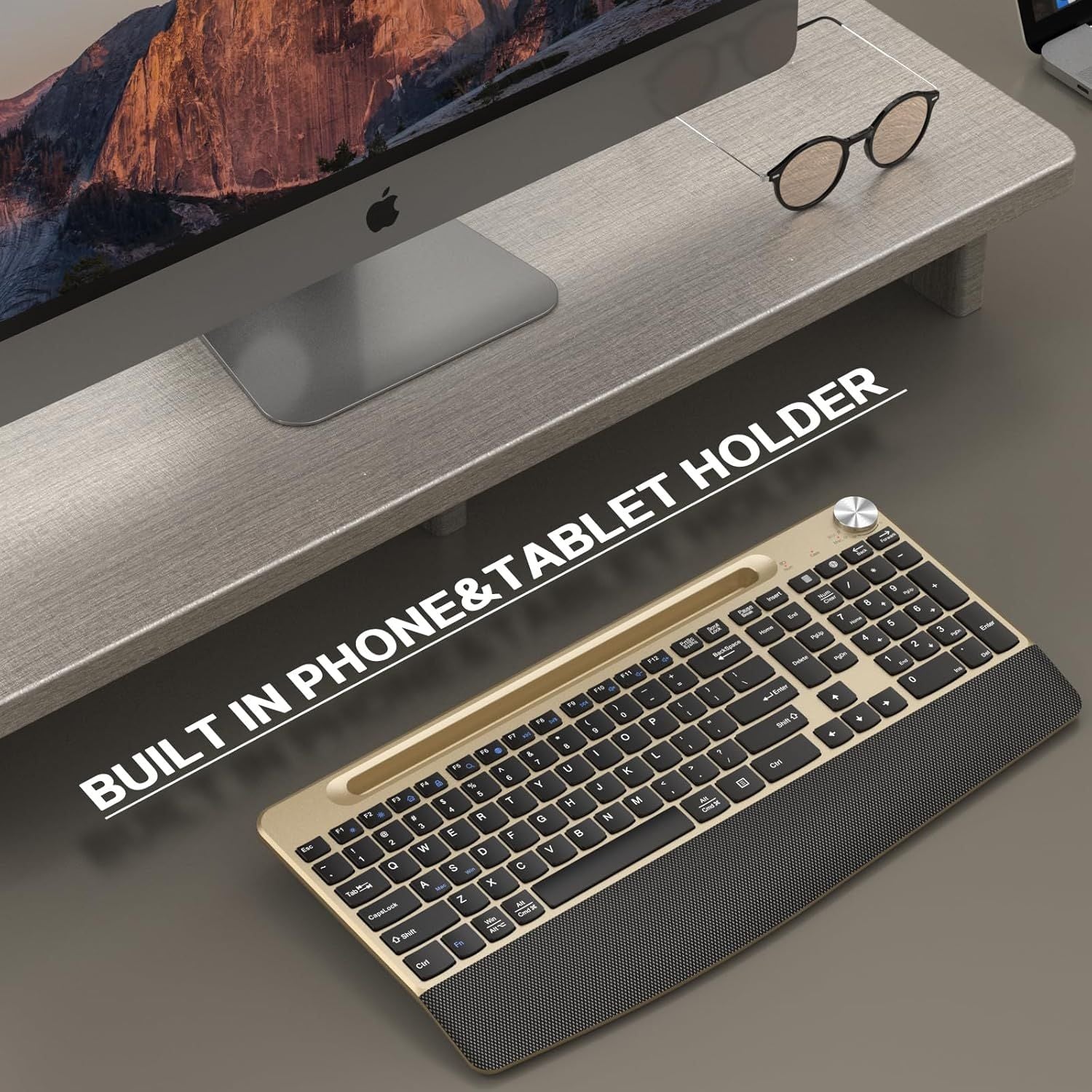 Ergonomic Wireless Keyboard with Wrist Rest-Low-Profile Phone/Tablet Holder Quiet Design Windows & Mac OS Full Size Cordless USB Computer Keyboard for Desktop,Laptop, PC, Mac, Windows-Gold