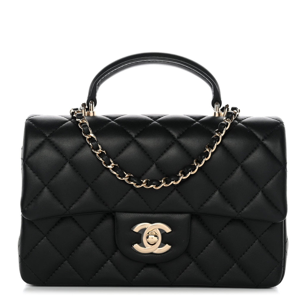 Lambskin Quilted Mini Top Handle Rectangular Flap Black