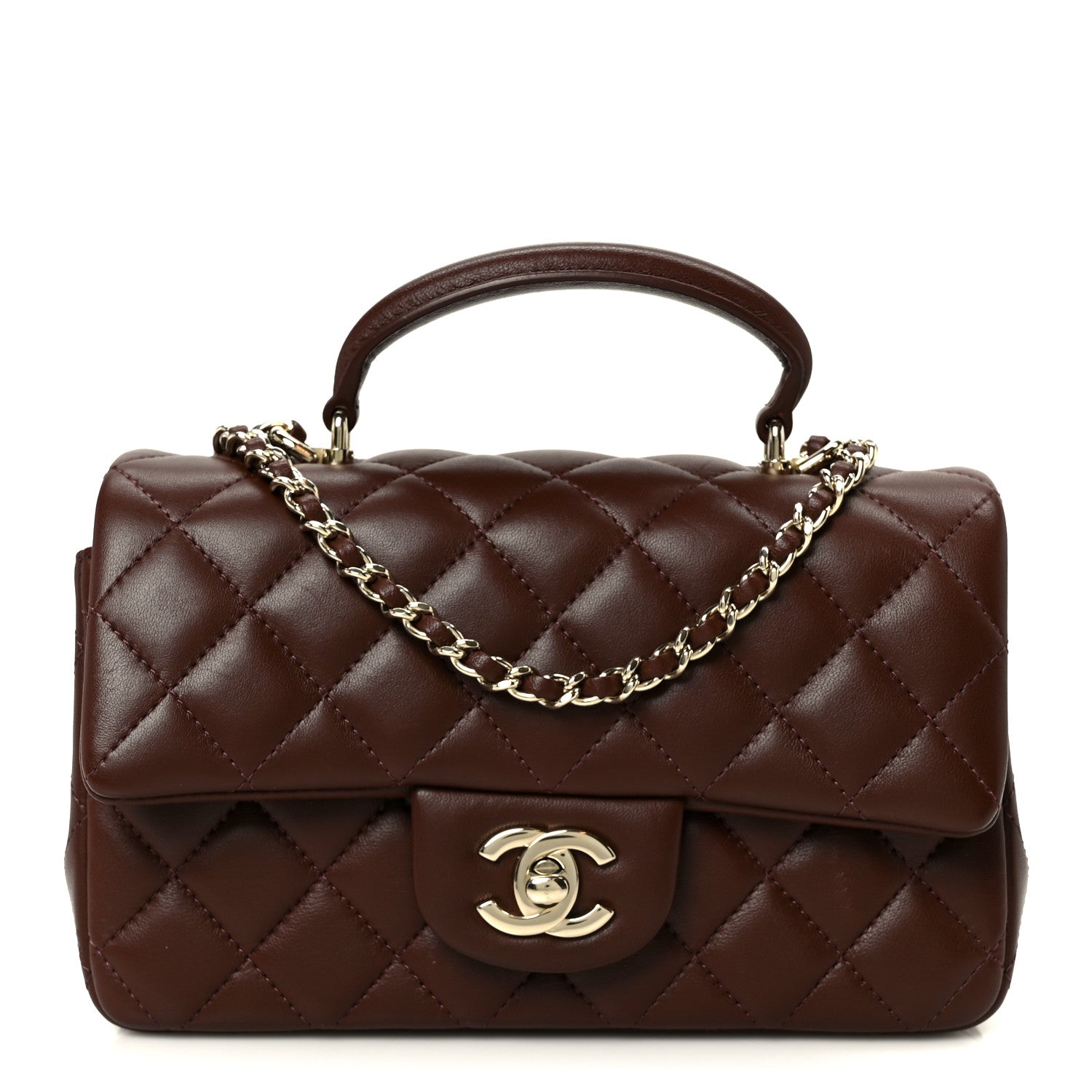 Lambskin Quilted Mini Top Handle Rectangular Flap Dark Brown