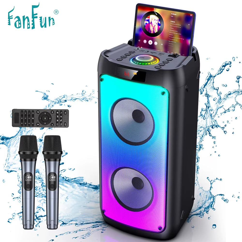 Professional Wireless Bluetooth Speaker and Karaoke System with Dual Microphones, LED Party Lights, and Remote Control