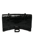Shiny Calfskin Monochrome Crocodile Embossed Hourglass Chain Bag Black