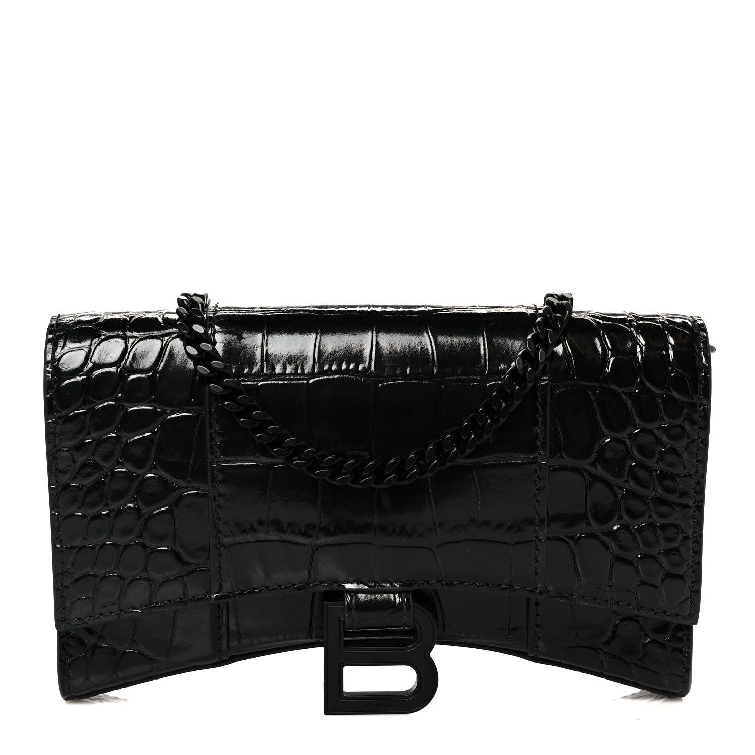 Shiny Calfskin Monochrome Crocodile Embossed Hourglass Chain Bag Black