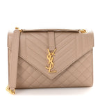 Grain De Poudre Textured Mixed Matelasse Medium Triquilt Monogram Satchel Dark Beige
