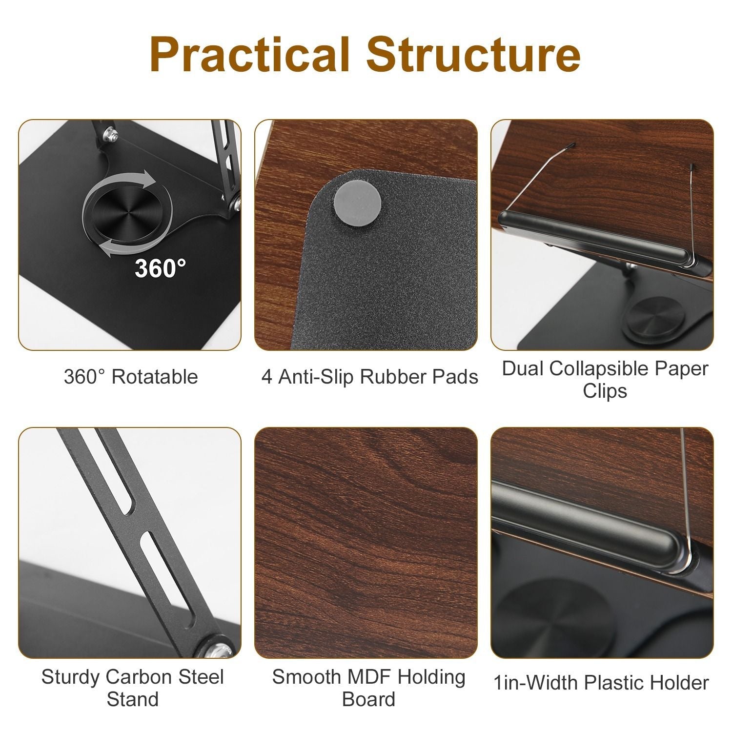 1Pc Book Stand for Reading Foldable Wood Book Holder Reading Rack Paper Stand with Adjustable Height 360° Rotatable Base Dual Paper Clips for Book Sheet Music Laptop Drawing Tablet