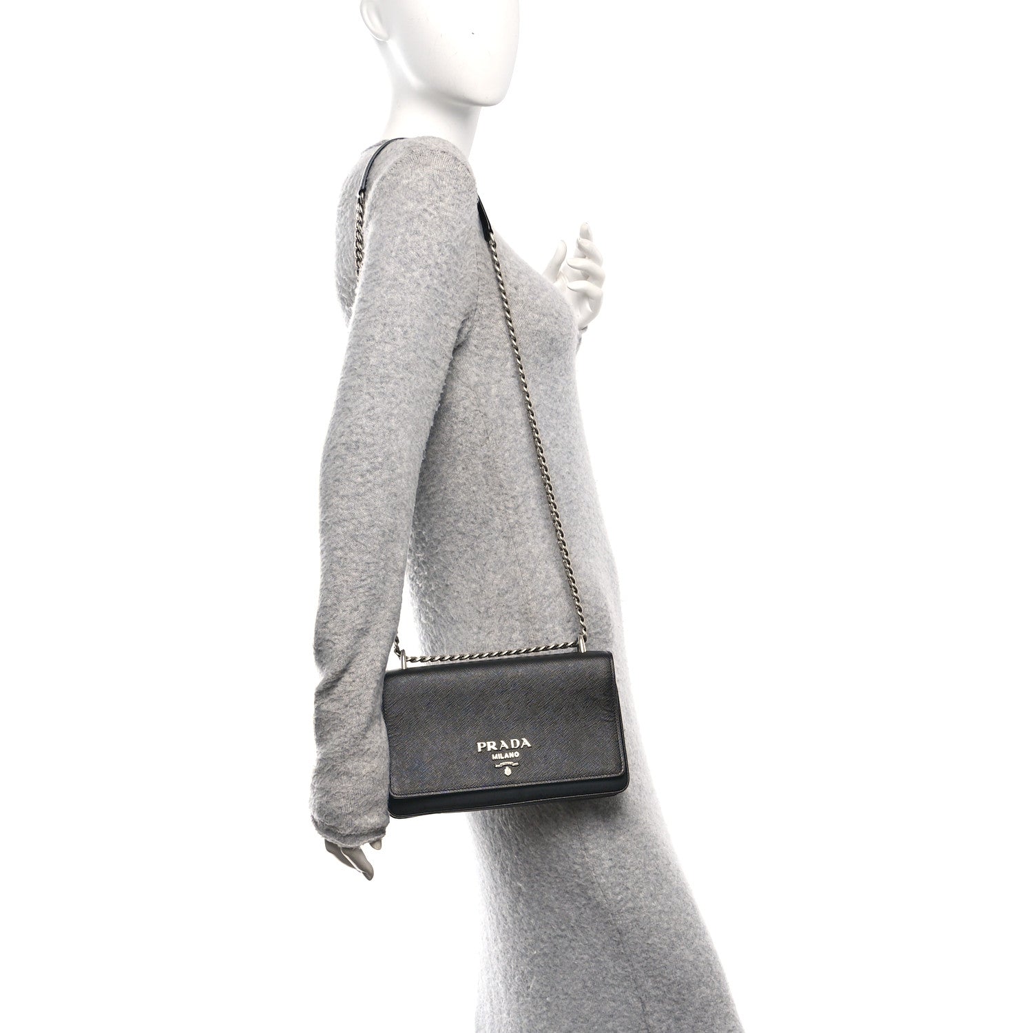 Saffiano Tessuto Nylon Chain Shoulder Bag Black