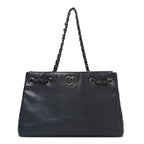 Metallic Grained Calfskin Medium Woven Chain Shopping Bag Black
