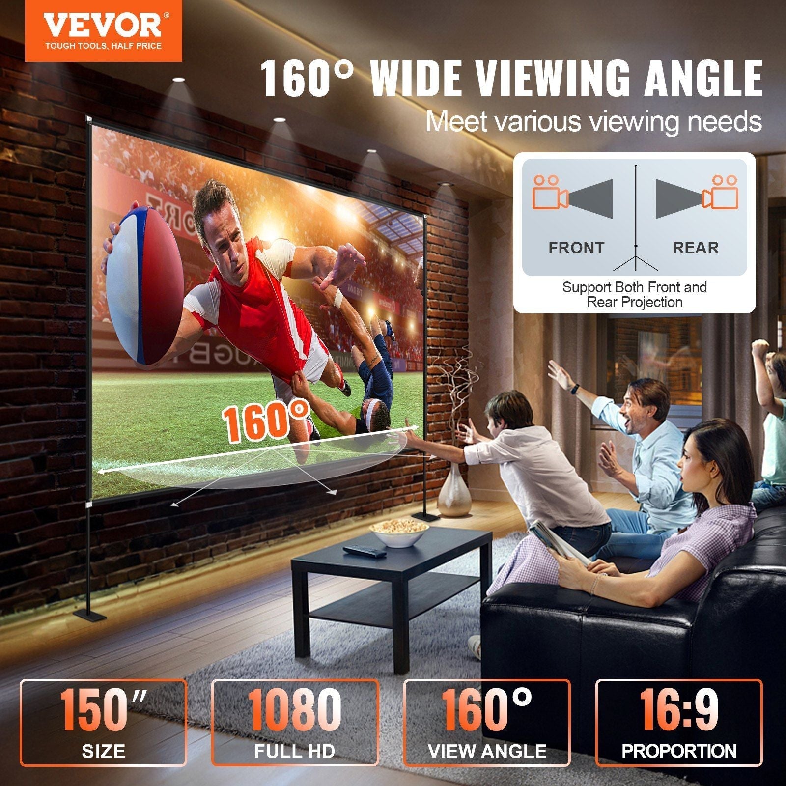 Projector Screen with Stand 150inch Portable Movie Screen 16:9 4K HD Wide Angle Outdoor Projector Screen Stand Easy Assembly with Storage Bag for Home Theater Office Outdoor Use