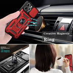 Kickstand Ring Holder With Slide Camera Cover Tpu Shockproof Case And Magnetic Car Mount For Apple Iphone 12 Pro Max In Red