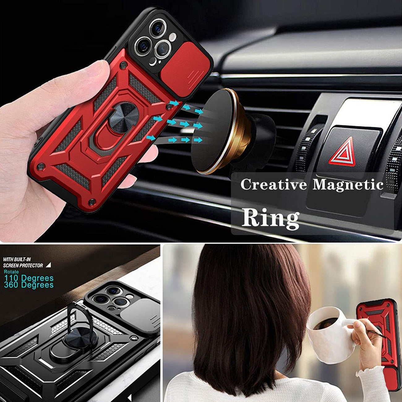 Kickstand Ring Holder With Slide Camera Cover Tpu Shockproof Case And Magnetic Car Mount For Apple Iphone 12 Pro Max In Red