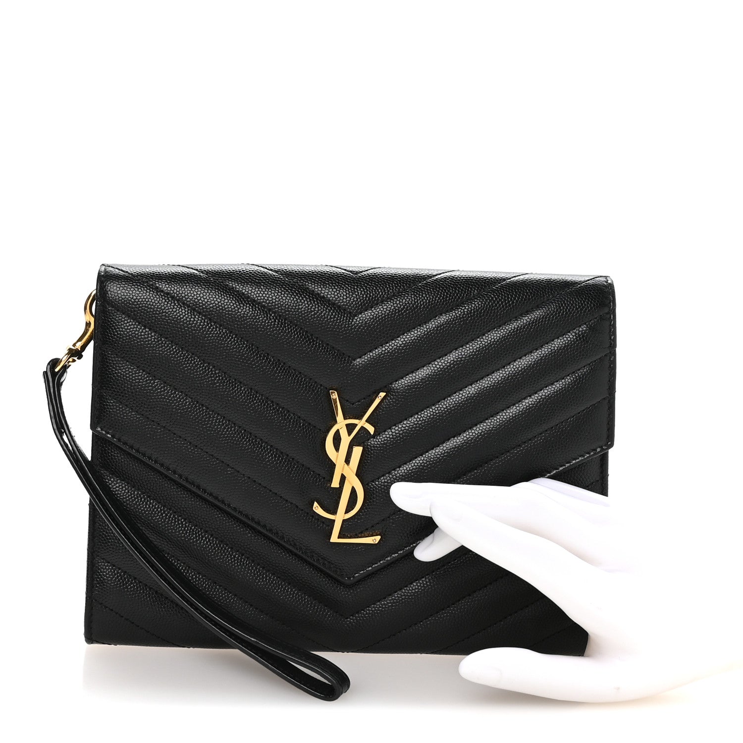 Grain De Poudre Matelasse Chevron Monogram Envelope Clutch Black