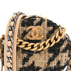 Wool Tweed Lambskin Quilted Chanel 19 Round Clutch With Chain and Coin Purse Beige Black
