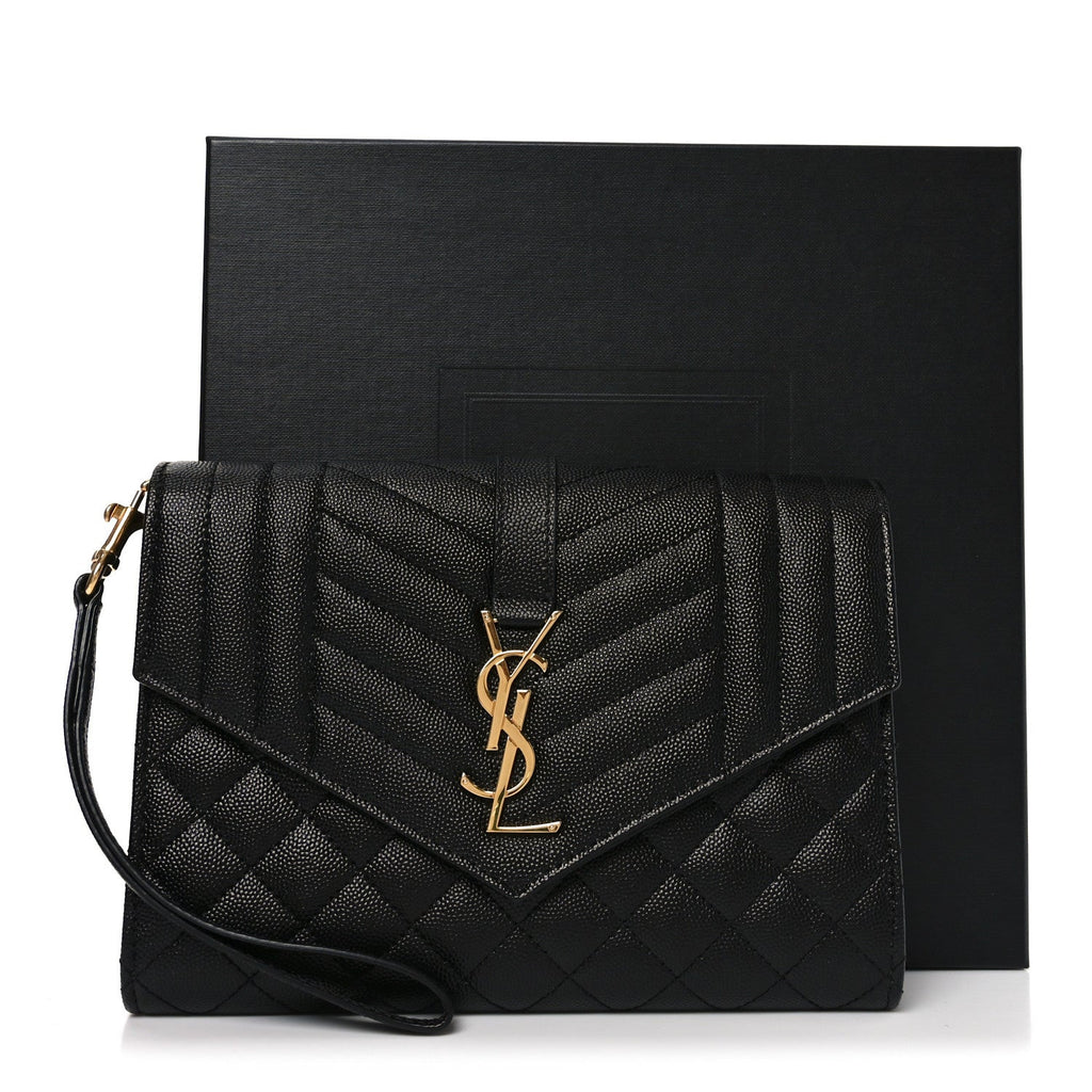 Grain De Poudre Textured Mixed Matelasse Triquilt Monogram Clutch Black