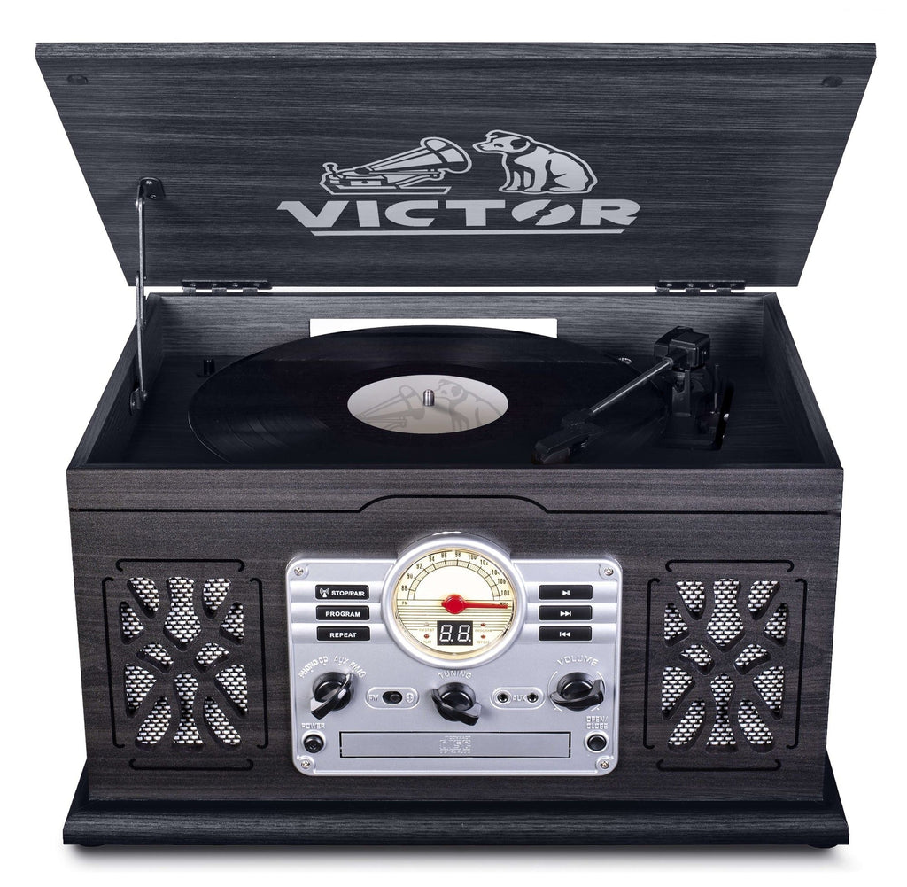 State 7-in-1 Wood Music Center with 3-Speed Turntable & Dual Bluetooth