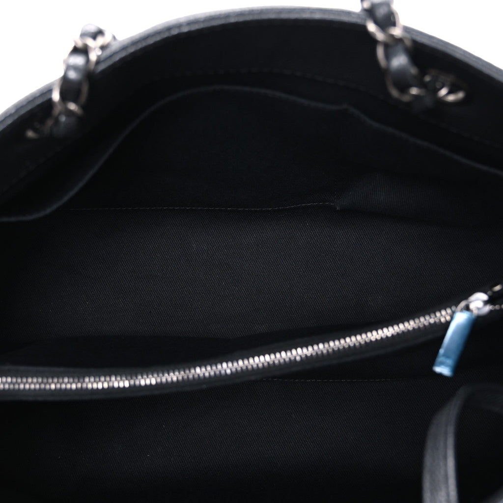 Metallic Grained Calfskin Medium Woven Chain Shopping Bag Black