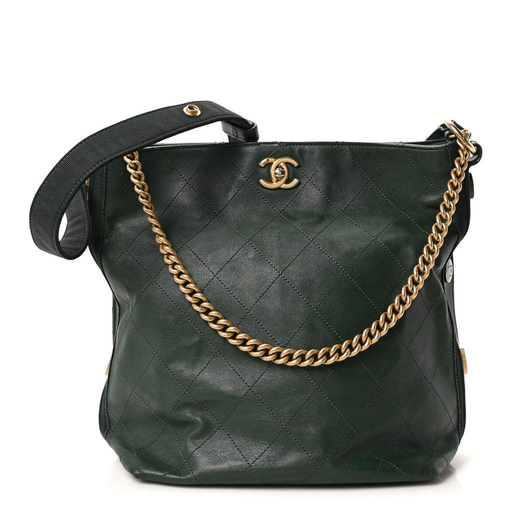 Calfskin Stitched Large Button Up Hobo Dark Green