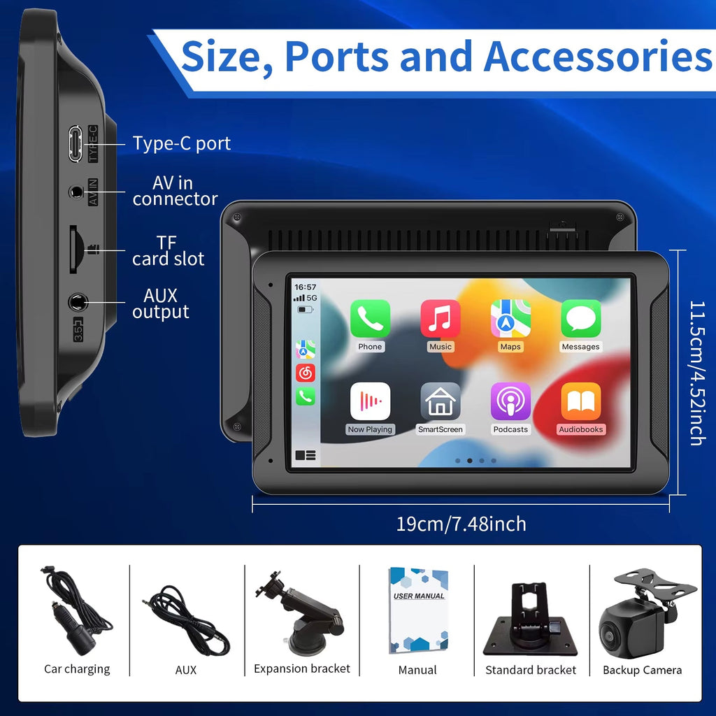 7-Inch Touchscreen Car Audio Receiver with CarPlay and Android Auto Support, Portable Wireless Display with Backup Camera