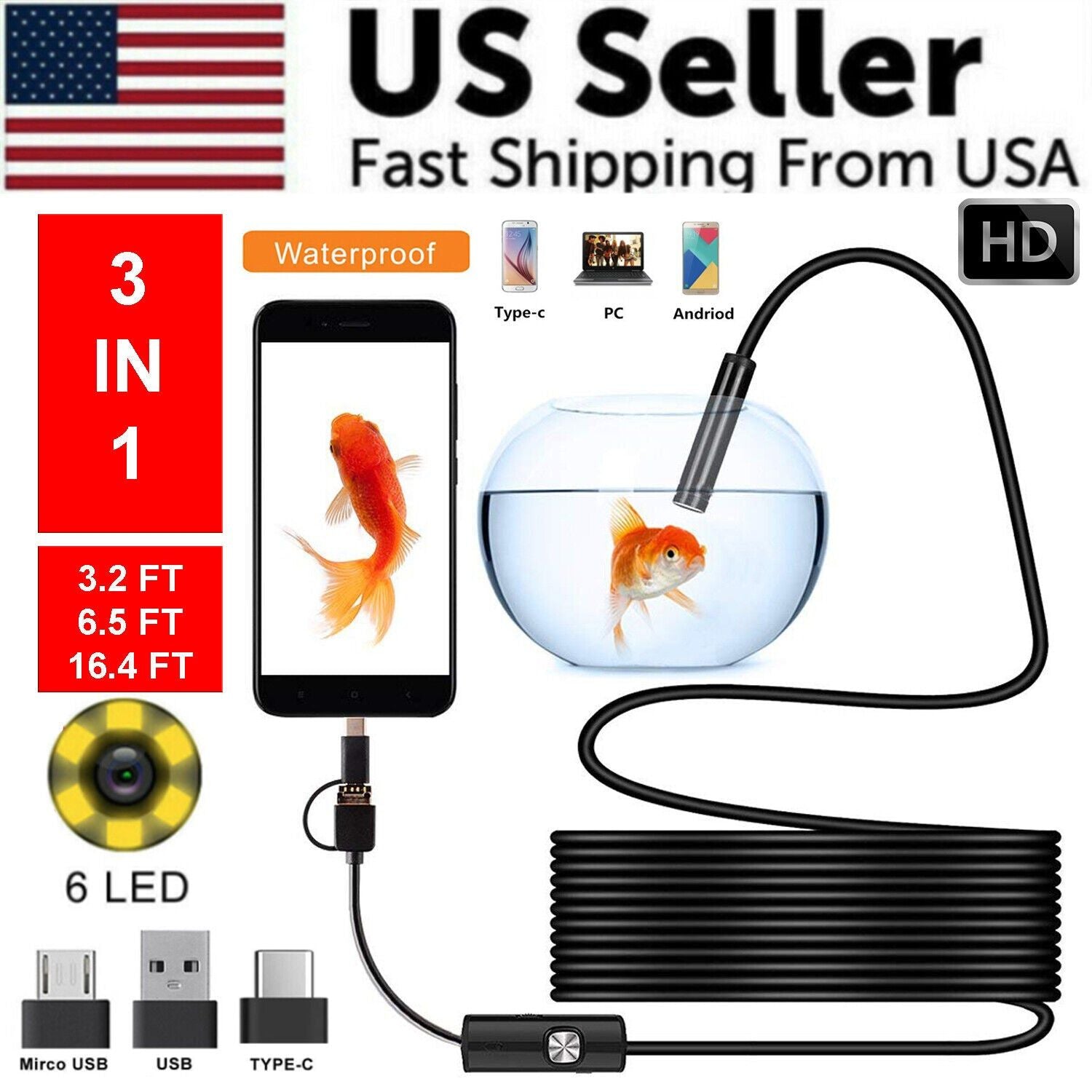 5M 6LEDs Snake Endoscope Borescope 8mm Inspection USB Camera Scope For Android - 2M - 6.5 Feet