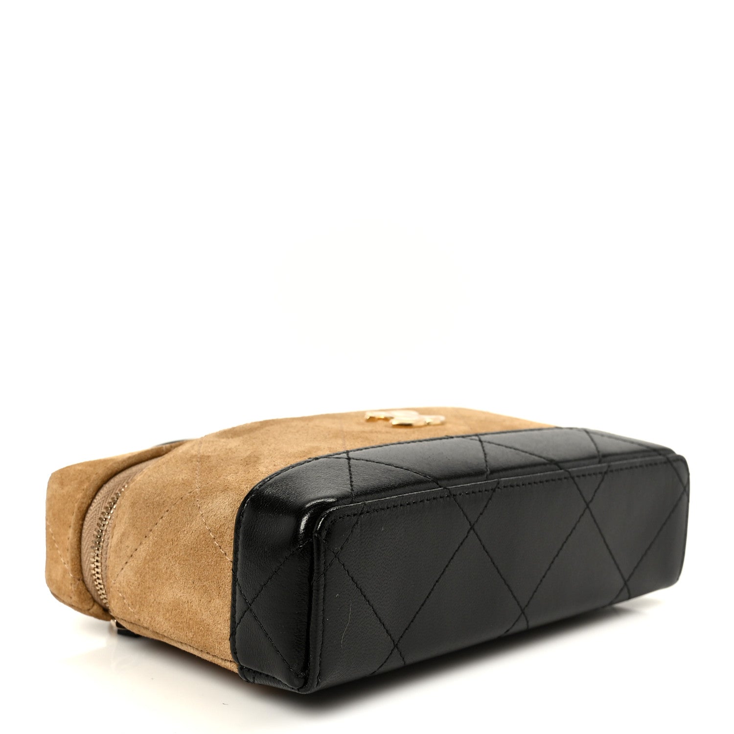 Suede Calfskin Shiny Lambskin Stitched Top Handle Slim Vanity Case With Chain Beige Black